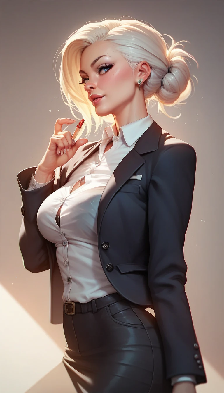 (Top quality, 8K, 32K, Masterpiece, hyper HD: 1.2), 1 girl, beautiful japanese woman, Thin waist, Shiny skin, white suit, Open jacket, Office Lady, suit, Mini skirt, Office, desk, (Spread legs: 1.2), Fine face, Short hair, rain on her face, mouth open