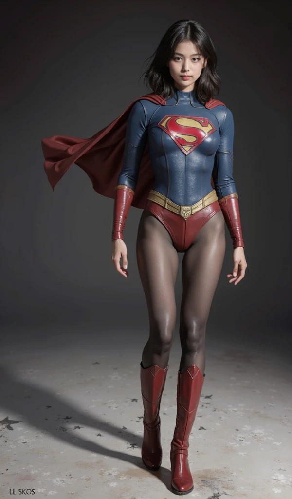No background、She always has her mouth open、She always has a sad look on her face、Always close your eyes、(((Beautiful legs in black tights.)))、(((Stretch your legs、expensive、Showing a beautiful smile)))、((((Make the most of your original images)))、(((Supergirl Costume)))、(((Beautiful Short Hair)))、(((Suffering face)))、(((Black tights legs、Wear red boots)))、((Best image quality、8k))、((Highest quality、8k、masterpiece:1.3))、(((Preserve background )))、Sharp focus:1.2、Beautiful woman with perfect figure:1.4、Slim Abs:1.2、Wet body:1.5、Highly detailed face and skin texture、8k