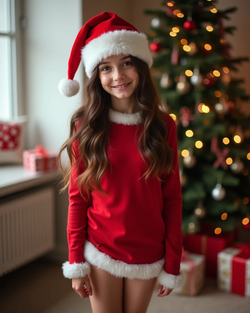 HD, standing up, show bare knees, short Santa dress, bare legs and thights, photo realistic, 8k, the pretty face of an 18yo English girl in a Santa hat, brown eyes, brunette hair, happy smiling face, indoors, Christmas tree in background
