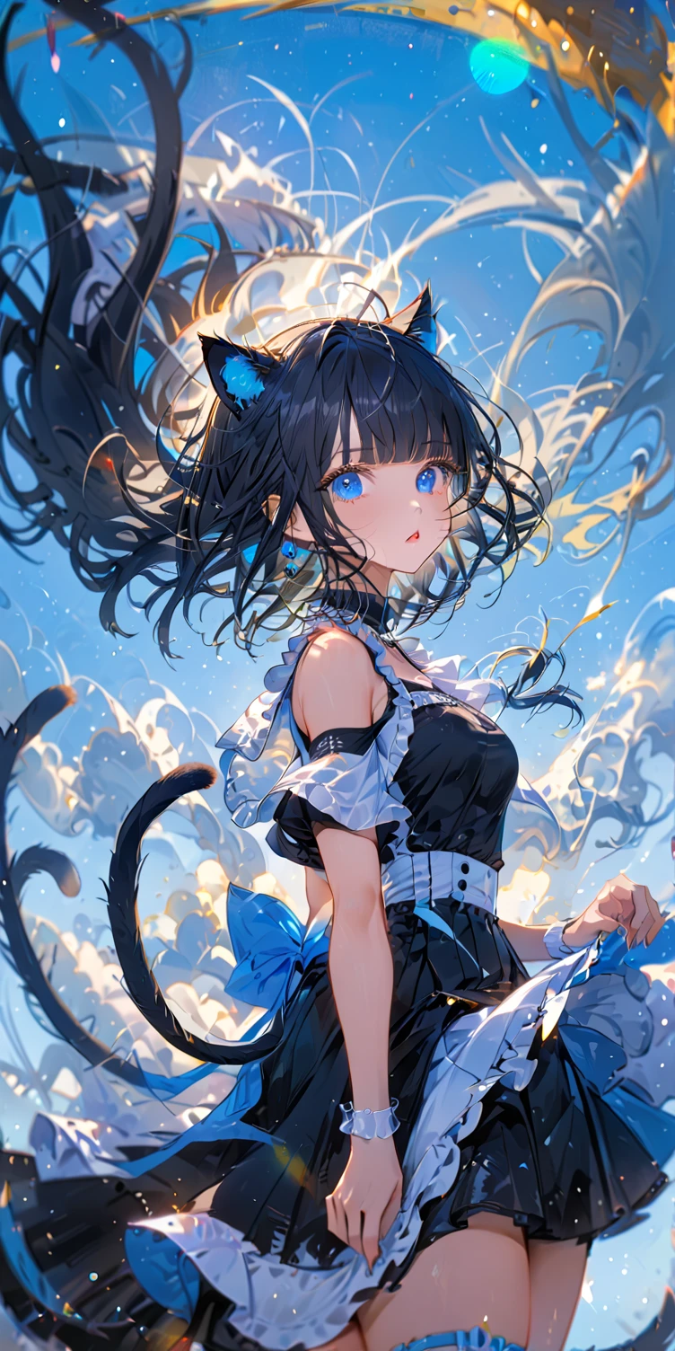 1girl, absurdly long black hair blunt bangs, blue eyes, cat ears, cat tail, chestnut mouth, large breast, open shoulder maid uniform, high waist short skirt, wind browing, floating hair, white background, contrapposto, cool expression, from below, look at viewer, soft focus, lens flare, masterpiece, best quality, vivid light color, Vector Art, 2D flat, simple shapes, professional graphic, flat color, Sleek design, 1girl, absurdly long black hair blunt bangs, blue eyes, cat ears, cat tail, chestnut mouth, large breast, open shoulder maid uniform, high waist short skirt, wind browing, floating hair, white background, contrapposto, cool expression, from below, look at viewer, soft focus, lens flare, masterpiece, best quality, Matte frosted color, Vibrant colors, Layering impasto (oil painting:1.1), ultra-detailed texture, perfect composition, intricate details, high resolution, High contrast, sharp focus, Delicate brushwork, ,AddXL,Dream Scenery