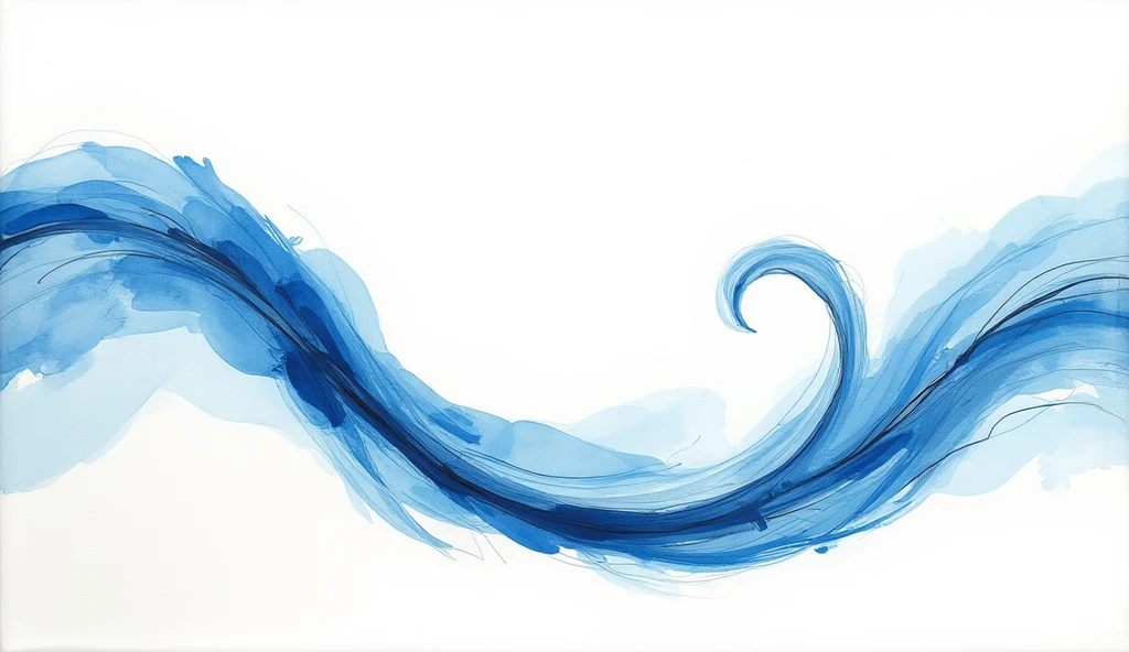 A blue monochrome minimal painting on white background. A continuous brushstroke line that swirls in the sheet, dancing above below to the right and left, covering all the parts of the space of the white canvas without ever detaching itself from the sheet creating continuous spiral shapes and abstract fractals in a dreamlike and evocative whole. The painting is a tribute to the purity of the line of Japanese prints and wants to evoke the stylistic refinement of Suzuki Harunobu, Torii Kiyonaga, Katsukawa Shunsho, Kitagawa Utamaro, Katsushika Hokusai, Ando Hiroshige. The work wants to show that the Synthesis is aesthetic. That the less is more. The one in the multiple. Visual harmony. Refined aesthetics. The concept surpasses the form, transforms it makes the emotion, memory, unstoppable action represented by the movement of the line that creates a powerful visual symphony with attractive involute, a picture that speaks to the soul and reminds him that she seeks only peace, Joy, harmony and it is what makes life worth living for.