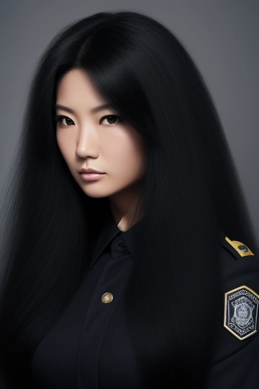 most very jet black hair,most very long hair,most very lion hair,most very wolf hair,most very frizzy hair,coarse hair,most very spread hairstyle,thick hair,fluffy hair,most very heavy weight hair,hair covering left eye,heavy looking hairstyle,most very voluminous hair,shiny jet black hair,female jail officer,black uniform,a heavy-looking uniform,black pants,1 Japanese woman,tall woman,woman's height 2.4m,most very strong face,most very angry face,black eyes,very close-up to face,most very muscle body,most very beautiful face,show more hair,high resolution,white background