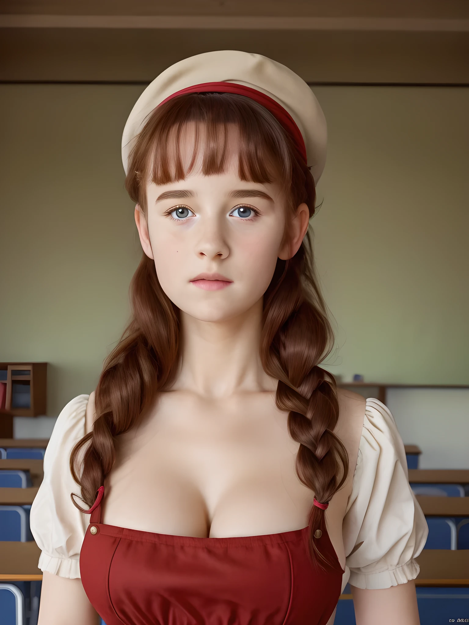 (best quality,4k,8k,highres,masterpiece:1.2),ultra-detailed,(realistic,photorealistic,photo-realistic:1.37), ((mittelalter, classroom, a young girl, she wears dress, solo, shy)), ((very large bust size for her young age)), she wears beret, she wears no bra, braided red hair, pale skin