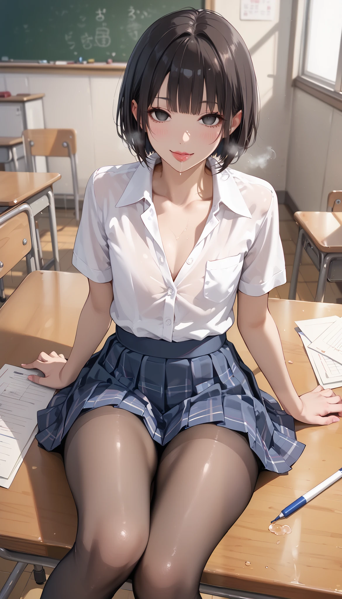 (bob hair, bangs bangs、bowl cut hair)、school uniform, mini skirt,Classroom、a class in session、(pink lip)、flat chest、sitting on a desk、blush,(((from above)))、lying on back,((sole of foot))、big thighs,(steam)、((black pantyhose))、thick lips、smag、evil smile、(((front view)))、saliva、(((zettai ryouiki)))、((empty eyes))、cleavage、flat chest、breast focus