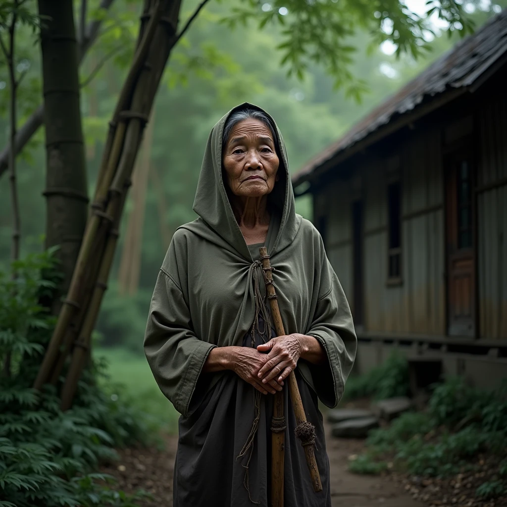An old grandmother with white hair and a face full of wrinkles, wearing dark colored traditional clothes, was walking in the dense forest. The grandmother seemed to be looking for something on the ground., with a focused and slightly worried look. Big trees surround grandma, creating a gloomy shadow, while the sunlight penetrates through the gaps in the leaves, gives a dramatic light effect around it. The forest atmosphere looks calm but mysterious., with bushes and dry leaves under grandmother's feet