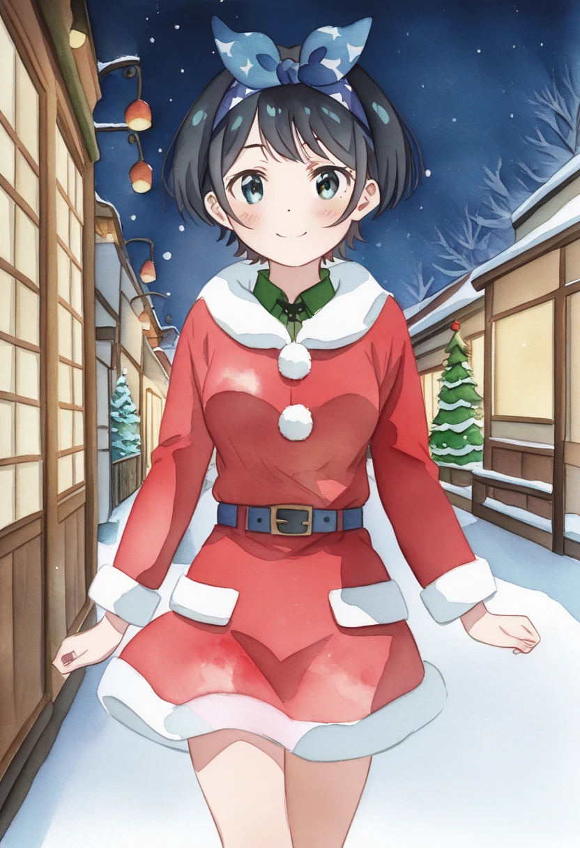 (((watercolor:2))), best quality, high resolution, 8k, ((****)), solo, blush, (Ruka Sarashina, short hair, bangs, black hair, ribbon, green eyes, hair ribbon, headband, blue headband), medium breasts, happy smile, walking, santa dress, santa uniform, night, snow, neon:1.5