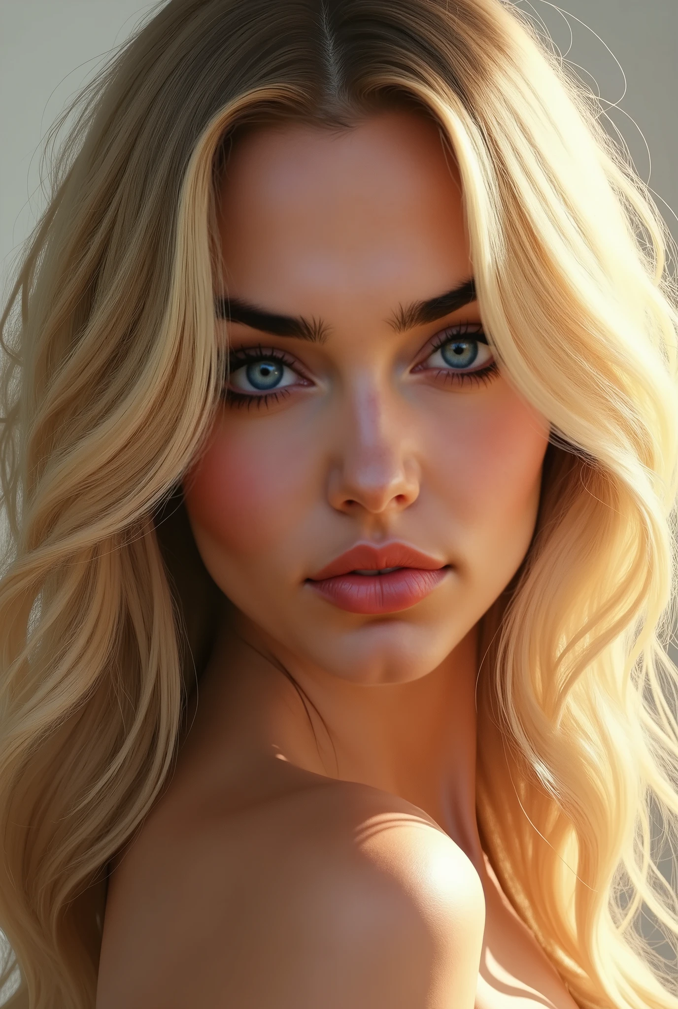 This character portrays a confident and alluring super sexy beautiful woman, 22 years old, a thin fit body, big gray eyes, golden blonde hair, (realistic:1.3), hyper detailed, photorealistic, portrait, masterpiece, vibrant colors, natural lighting, cinematic composition, nude, with cheerleaders