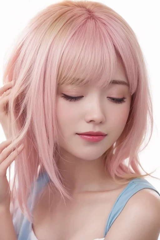 Best-quality, Masterpiece, Ultra-High-Resolution, (Photorealistic:1.4), Raw-Photo, 1girl, 15-years-old, the most popular Japanese idol, at bathroom, innocent-smile, (((extremely cute face like the most famous Japanese idol))), (((extremely beautiful big-solid-circle-eyes))), (((extremely beautiful pink-hair))), extremely beautiful skins, extremely beautiful long-eyelashes, extremely beautiful lips