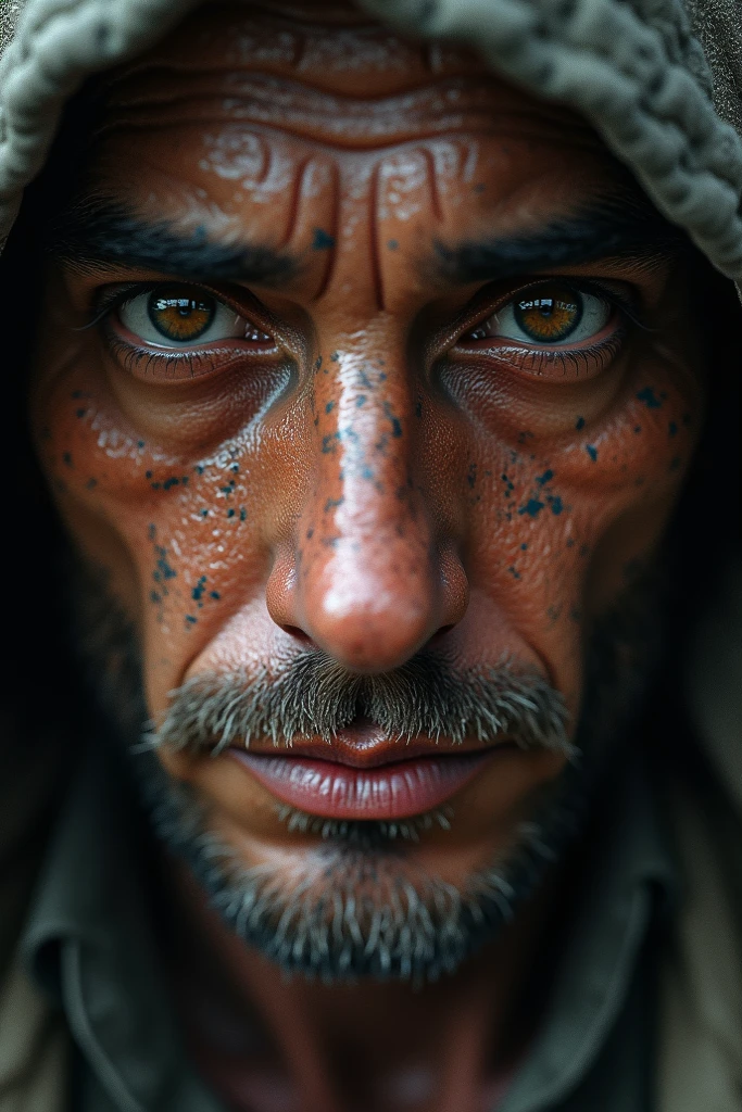 Close-up on the weary eyes of a battle-hardened leader with deep scars, photorealistic, cinematic, 4k