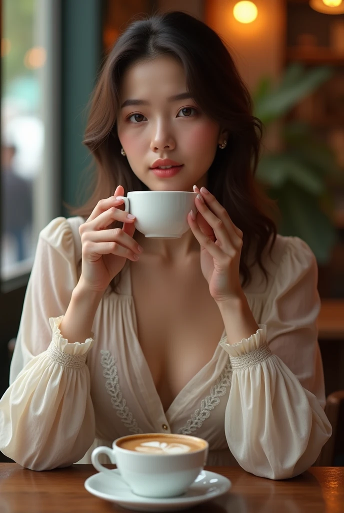 pretty girl, perfect figure, visible pores, wearing white shirt, short hair, brown hair, medium breasts, holding cup of coffee, sitting on the bed, direct sun light, high resolution, photorealistic