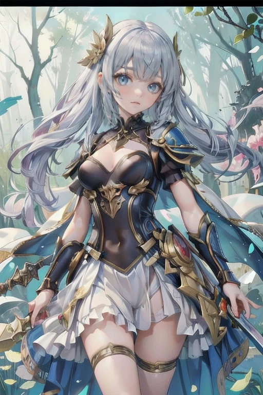 ( fantasy art ),(masterpiece),( Anime Style ), High Quality ,(perfect anatomy),(Perfect means),(( one girl who is at ease)),((Alone)),( small breasts),細身の体, silver short hair on the monitor in the background,((Hand with a glowing sword )),beautiful and exquisite blue eyes ,Beautifully detailed white armor,White loincloth, Dynamic Poses , high fantasy , magical color and atmosphere ,Silky to the touch, Film Lighting ,In the forest