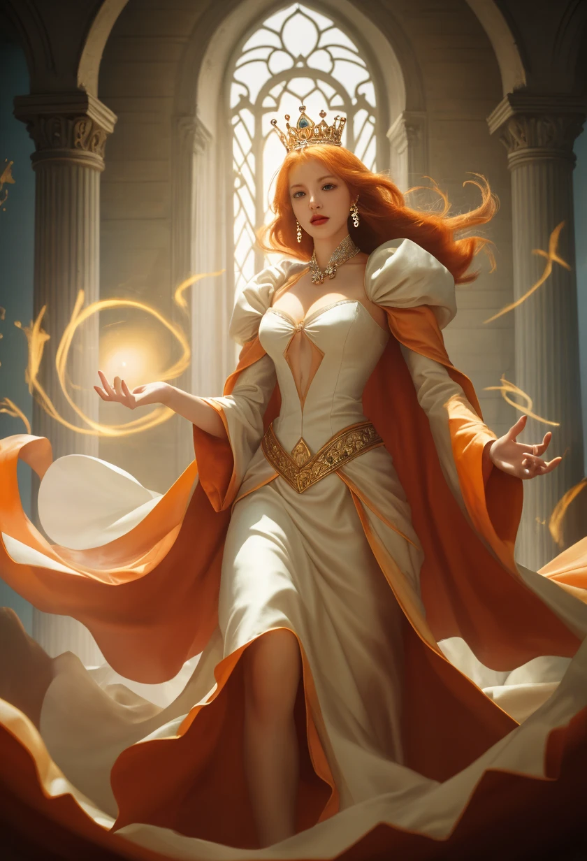 high details, best quality, 16k, [ultra detailed], masterpiece, best quality, (extremely detailed), full body, ultra wide shot, julie bell style (ultra details, Masterpiece, best quality), fantasy art, dnd art,fantasy art, realistic art, a sorceress casting a EvocationMagicAI spell in magical library (ultra details, Masterpiece, best quality), exquisite beautiful human woman (ultra details, Masterpiece, best quality), red hair, long hair, (long yellow dress: 1.2), (white cloak: 1.3), high heeled boots (ultra details, Masterpiece, best quality) DruidMagicAI