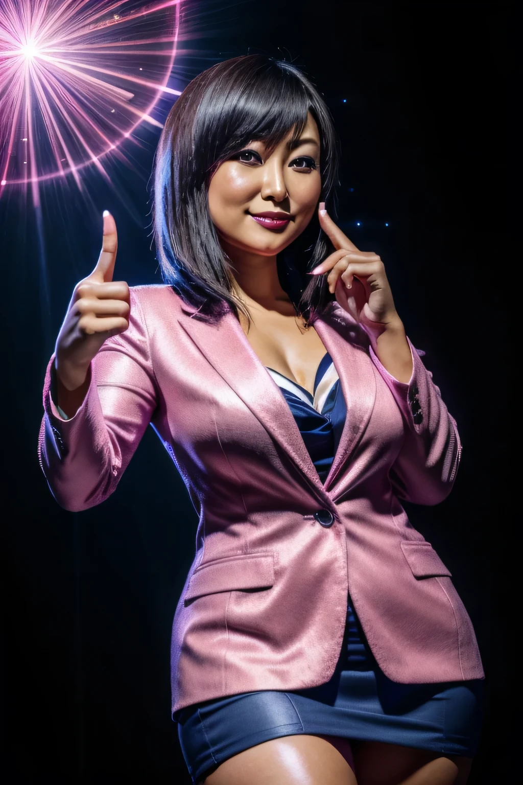 hypnotist,  Japanese, Ashida Yuko, 40-year-old woman,  black hair, Smooth straight middle hair up to the shoulders, Red lipstick, Thick lips, round face,  plump figure ,  looking at the camera,  face and body face the viewer ,  bust up,  hold your right hand and stand straight with only your index finger , Stand up your index finger instead of your thumb ,  holds her raised finger at the viewer, Lower your left arm to the side of your body,  exactly 5 fingers on your right hand , Hypnotize viewers ,  Navy Blue Blazer,  navy blue miniskirt,  The background is pink swirling light in outer space,HD quality, ( photo realistic:1.4),  RAW photos ,  Japanese woman , ( high resolution detail of human skin texture),  The background is ripples of pink light in a completely black interdimensional space