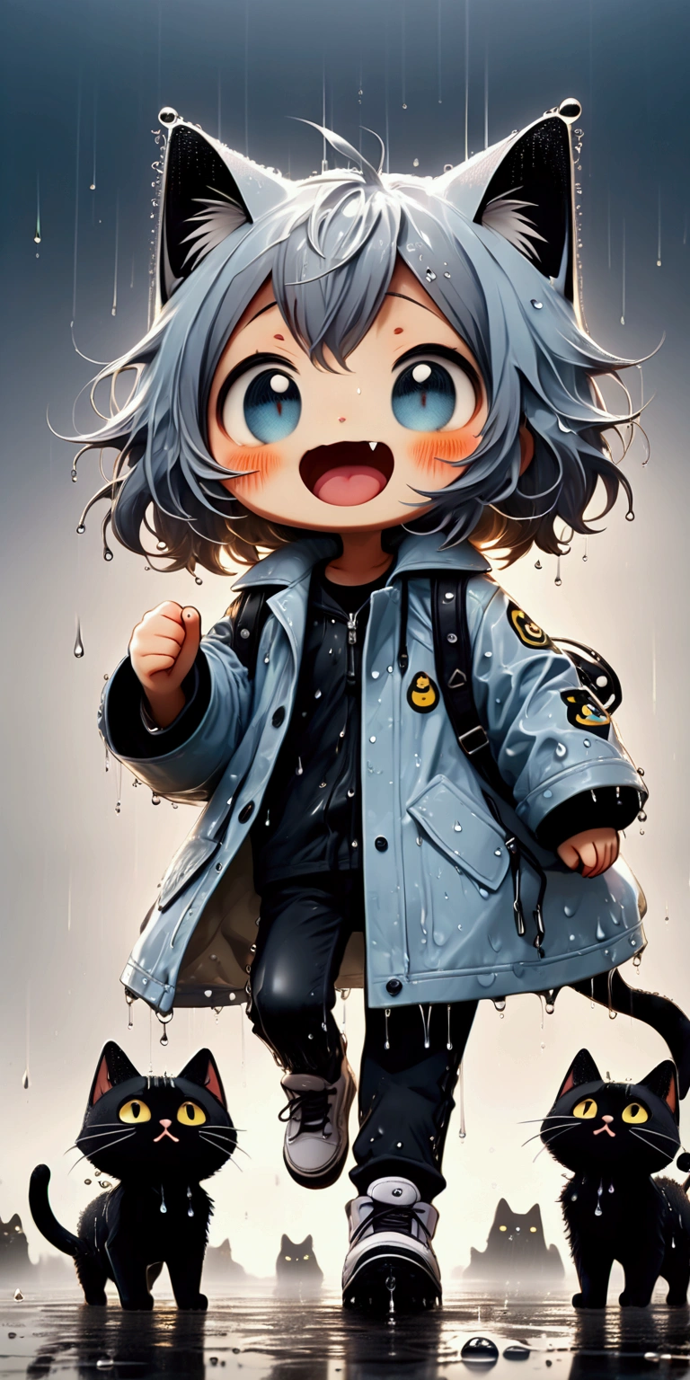 (heavy rain:1.3), (big raindrops), (rainy sky). 1girl/((catgirl:1.3),(furry:1.2),kemono,(chibi:1.2),cat ear,cat eye,cute, kawaii,hair floating, hair shining brightly, curly hair, short hair, messy hair, eye color cosmic, big eyes, (dynamic angle:1.4),(from below:1.4), long shot,short pants,(Walking:1.5) dynamically, (steps:1.3), skipping, (walk heavy steps:1.4),(big smile:1.3),open mouth,fangs,wet hair, wet, cute raincoat,happy,dynamicin distance\). BREAK .background\(heavy rain, dark sky, beautiful waterdrops, long shot\),(from below:1.7),(ground level shot:1.7),(from directly below:1.7). BREAK .quality\(8k,wallpaper of extremely detailed CG unit, high resolution, top-quality, top-quality real texture skin, hyper realistic, increase the resolution, RAW photos, best quality, highly detailed, the wallpaper, golden ratio, high saturation realism, vibrant colors, dramatic lighting, persuasive storytelling, atmospheric scenery, captivating visuals, intricate details, strong emotions, dreamlike world\),realistic rain, high speed shutter, (fisheye lens), (focus on waterdrops), (landscape of sky:1.5), (dynamic angle:1.3)