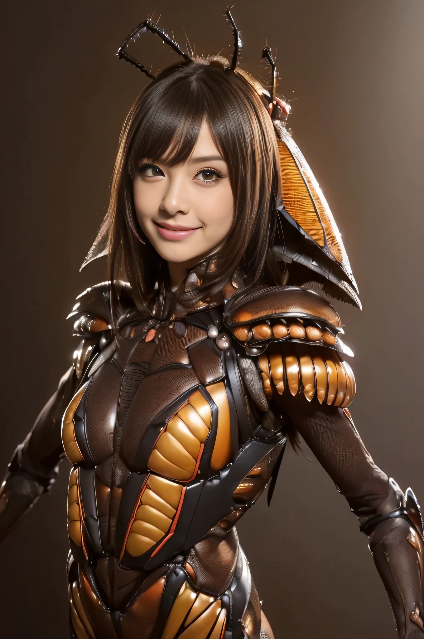 (high resolution,masterpiece,best quality,extremely detailed CG, anime, official art:1.4), realistic, photo, amazing fine details, all intricate, gloss and shiny,awesome many layers, 8k wall paper, 3d, sketch, kawaii, illustration,( solo:1.4), perfect female proportion,villainess, (fusion of dark brown cockroach and lady:1.4), (brown cockroach form lady:1.2), (brown cockroach lady:1.2), (fusion:1.2), (solo:1.4), (evil smile:1.2), muscular, abs, (cockroach brown exoskeleton bio insect suit:1.4), (cockroach brown exoskeleton bio insect armor:1.2), (brown transparency cockroach wing:1.4), (brown cockroach antennae:1.3),