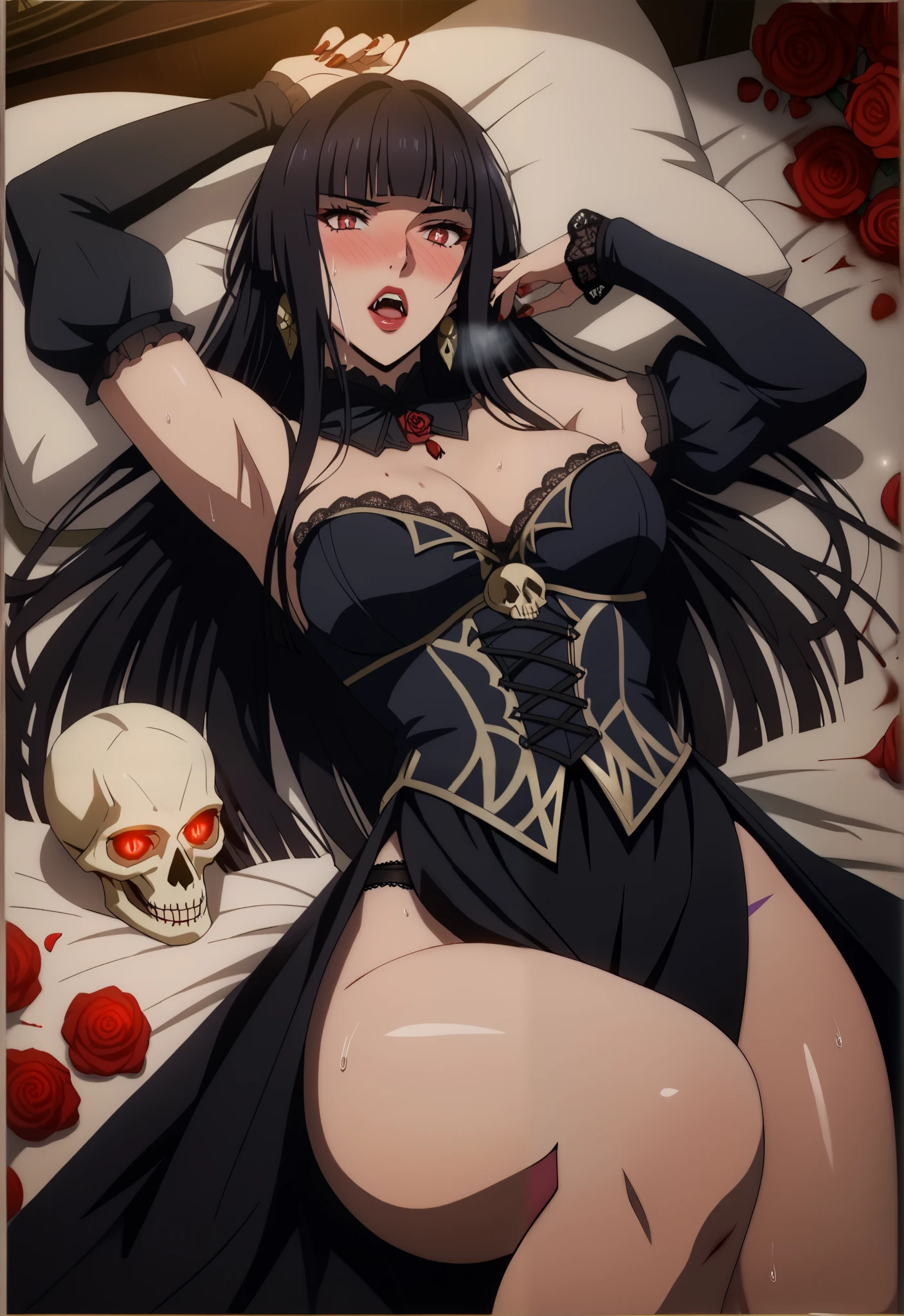 full-face blush, embarrassed, open mouth, shivering, (harayutaka style:0.7), score_9, score_8_up, score_7_up, score_6_up, uncensored, glass, long hair, bangs, black hair, blunt bangs, hime cut, red eyes, slit pupils, bright pupils, medium breasts, BREAK (perfect hands, perfect anatomy), beautiful detailed eyes, beautiful detailed lips, extremely detailed face and portrait, elegant expression, soft warm lighting, volumetric lighting, cinematic composition, detailed environment, lush garden, vibrant colors, intricate details, masterpiece, high resolution, digital painting, excessive sweating, sweating profusely, sweating drop, gasping, heavy breathing, hollow eyes BREAK, 1girl, breasts, rose, flower, solo, skull, lying, jewelry, on_back, earrings, looking_at_viewer, vampire, detached_sleeves, underwear, panties, black_nails, red_flower, dress, armpits, red_rose, black_panties, arm_up, parted_lips, black_dress, red_lips, corset, thighs, makeup, fingernails, cleavage, blood, lips, fangs, nail_polish, pillow, bare_shoulders, lipstick