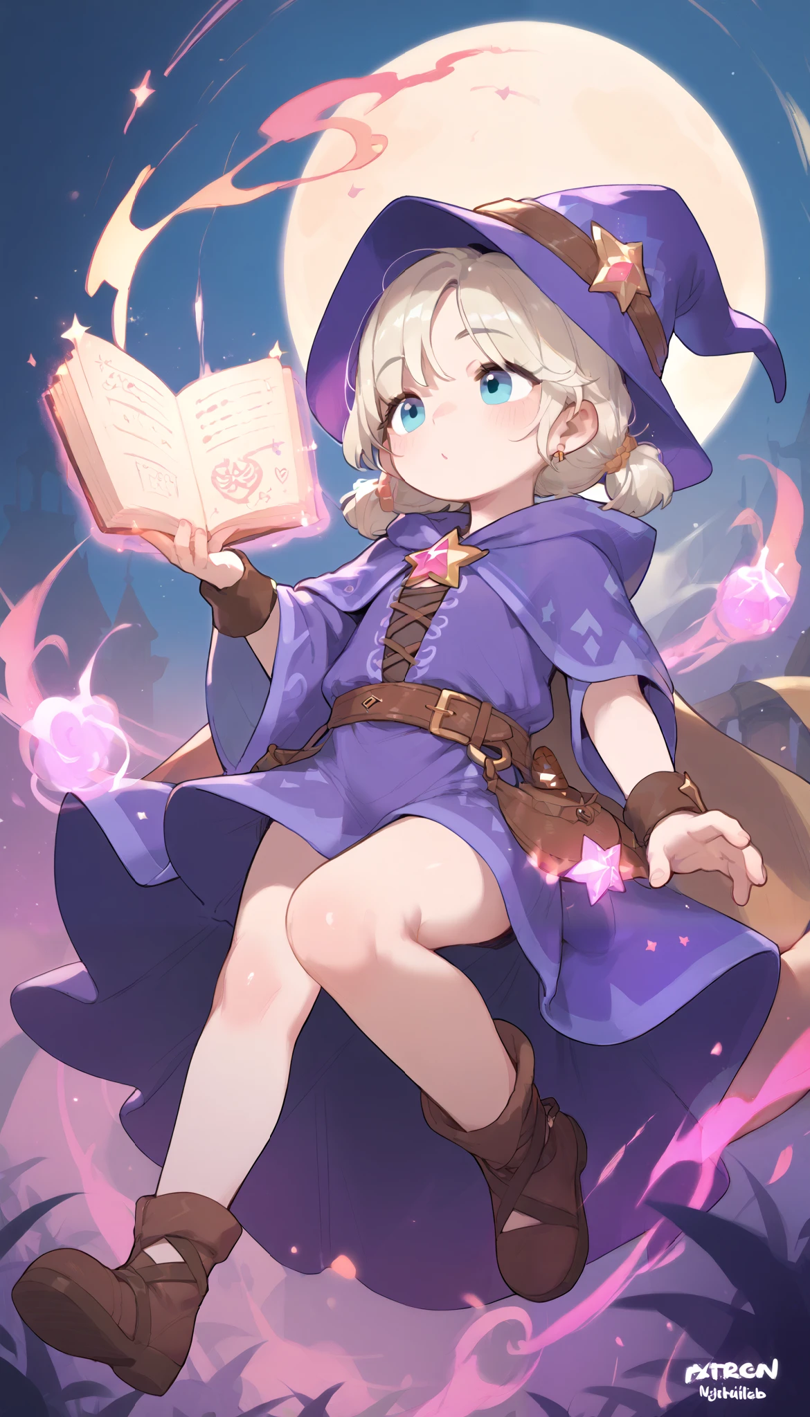 Wizard Riley Anime girl in a purple witch costume sitting on a rock - SeaArt AI