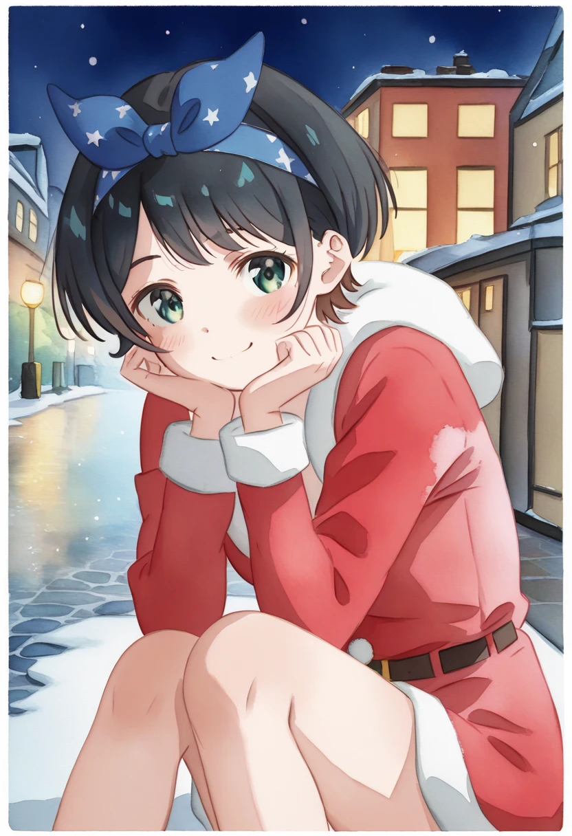 (((watercolor:2))), best quality, high resolution, 8k, ((****)), solo, blush, (Ruka Sarashina, short hair, bangs, black hair, ribbon, green eyes, hair ribbon, headband, blue headband), medium breasts, happy smile, sitting on street, knees to chest, head rest, santa dress, santa uniform, night, snow, neon:1.5