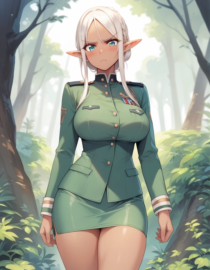 ,elf,blush,frown,dark skin,nature,uniform,pencil skirt,large breasts,