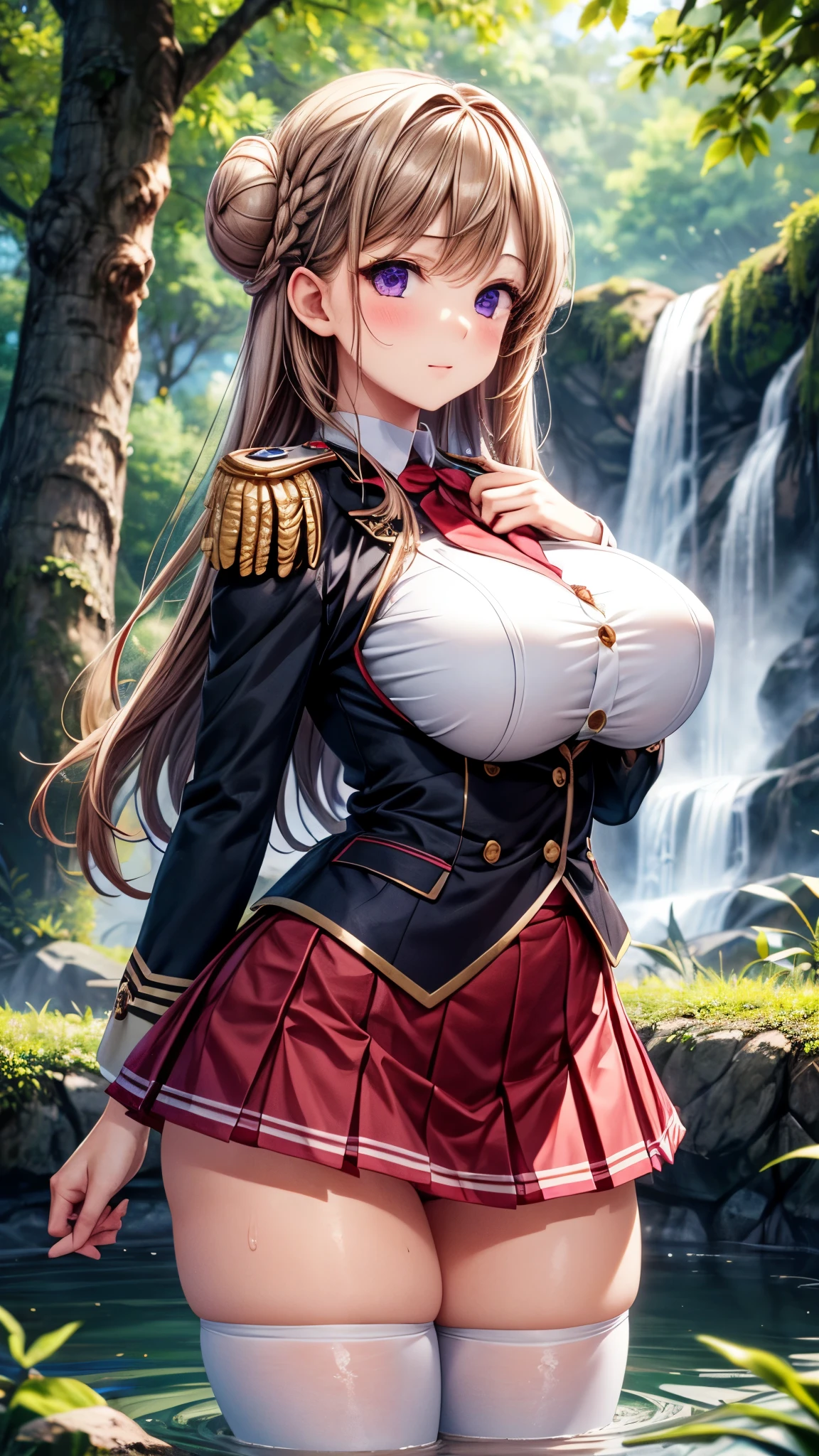 best quality,4k,8k,1girl,(big breasts:1.3),orgasm,blush,sweat,n_marres_a, long hair, brown hair, braid, hair bun, twin bun, purple eyes, big breasts,black uniform, long sleeves, epaulettes, red skirt, pleated skirt, white thighhighs,,mini skirt,lift skirt,(pink panties,striped panties),fantasy,branch, day, forest, leaf, nature, outdoors, plant, pond, tree, water, waterfall