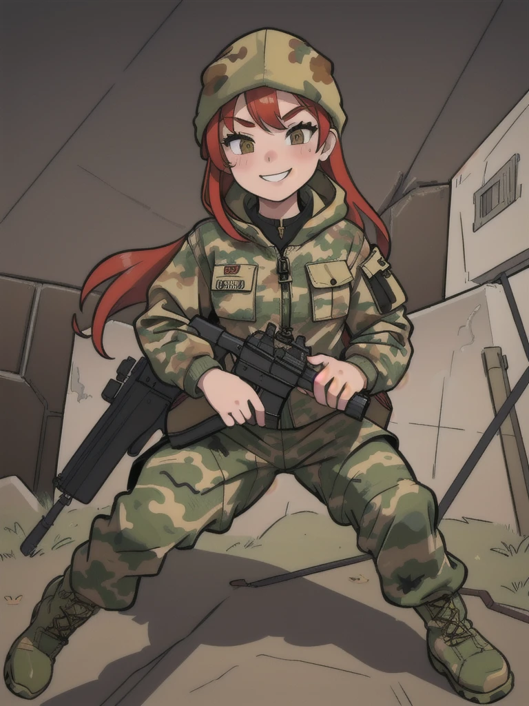 girl with smile and red hair, with a camouflage jacket, camouflage balaclava, camouflage pants and army boots.