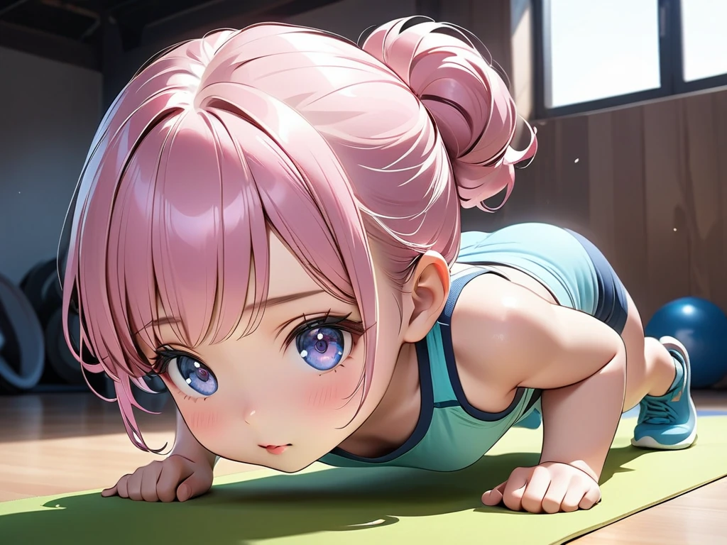      best quality, masterpiece ,  shooting from behind from a distance、  exercise  、In training wear、(((push upしている女の子)))、 (Chibi: 0.6),   random hair color     ,  大きなcute目、 cute, 