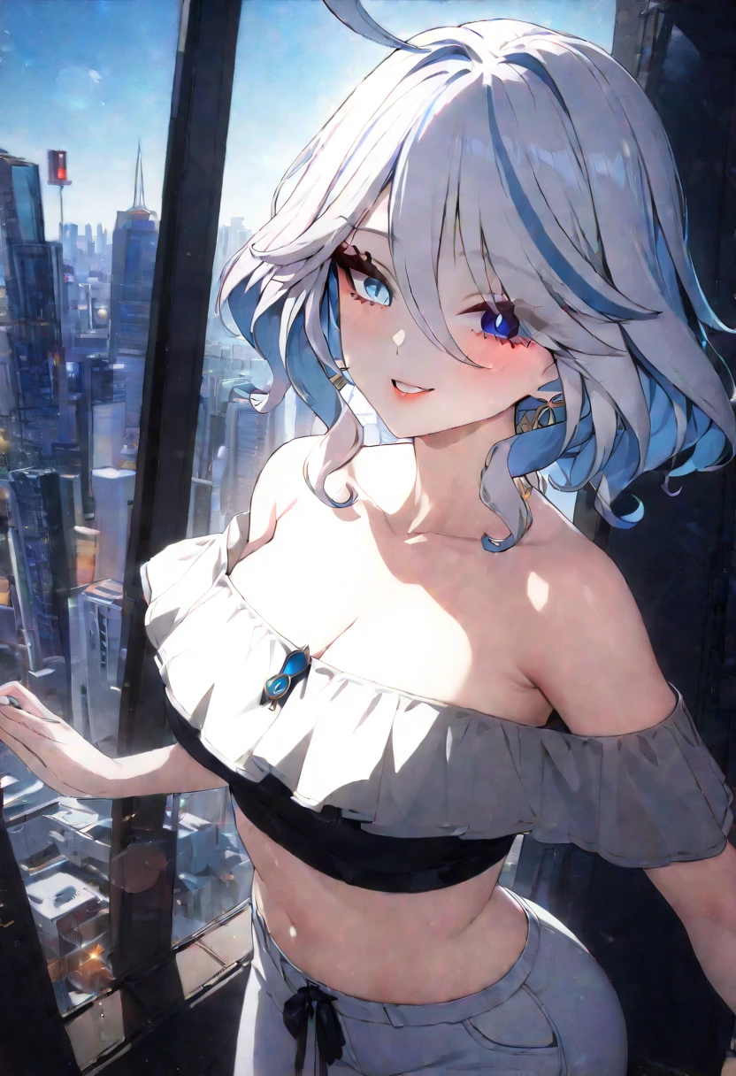 There is a table with a monitor and a chair in front of the window, side), big breasts, side breasts, (, Charming goose egg face, double eyelids, pink lips, small nose, , Close-up of chest, ultra high definition, Super details, Fresh and impressive breasts，Nice high ponytail hairstyle，landscape,long, straight hair, sexy facial expression,grab chest，Nice high ponytail hairstyle，Delicate and beautiful eyes and face，realistically，super detailed，1 beautiful girl，blue sky，landscape,, sexy facial expression, dynamic hair, pale skin, hair accessories, 史诗般的landscape,In the middle of the night，masterpiece, best quality,bare shoulders, white stockings, scarf, big breasts袜，Tongue，shy expression,white stockings，turtleneck sweater，Two girls hugging，night view，water,long white hair，buliding, (overlooking the city:1.7),