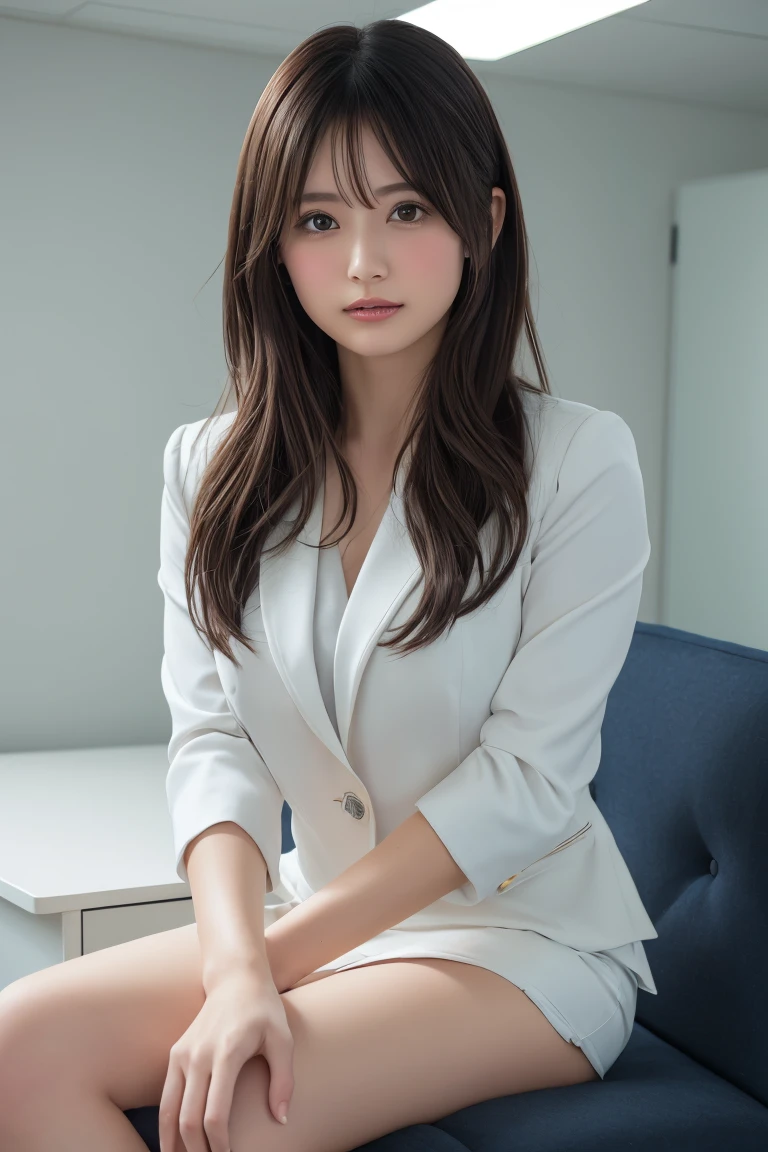 masterpiece, Highest quality, High resolution, Full body image, Natural Rouge, Natural eyeshadow, beautiful balanced eyes, Anatomically beautiful fingers, Anatomically correct and beautiful legs, A sensual Japanese woman is sitting on a sofa in the office, sexual expression, Very thin legs, I see red panties:1.3, ((Very thin legs, Very thin thighs):1.2), Wavy Long Hair, A Japanese woman with a sensual face, (((Wearing a white office suit and a white skirt that is 10cm above the knee:1.3, Wear a white shirt under your suit):1.3), ((The jacket's buttons are closed, Shirt buttons are open, No bra is worn):1.4)), Wearing stiletto heels:1.3