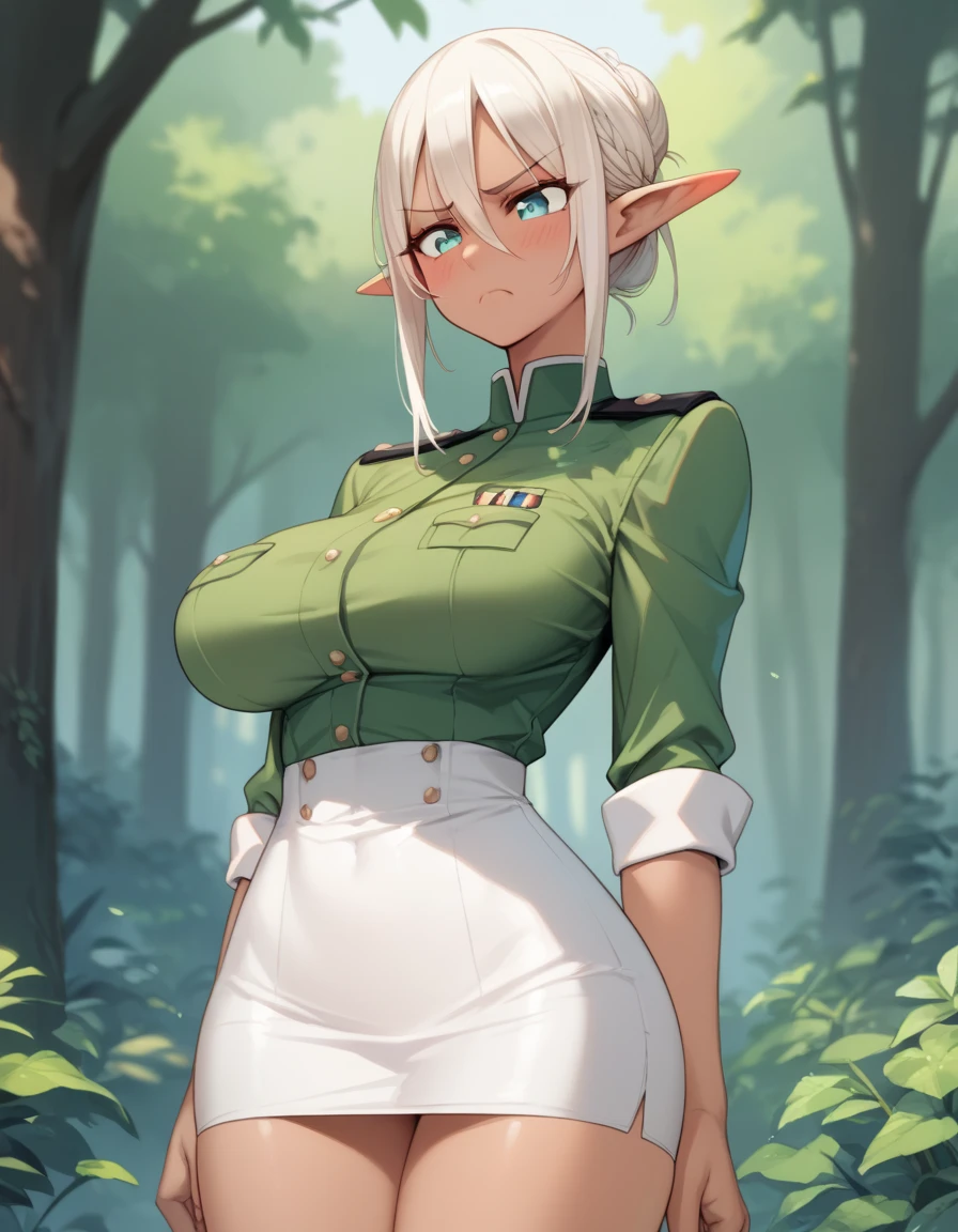 ,elf,blush,frown,dark skin,nature,uniform,pencil skirt,big breasts,