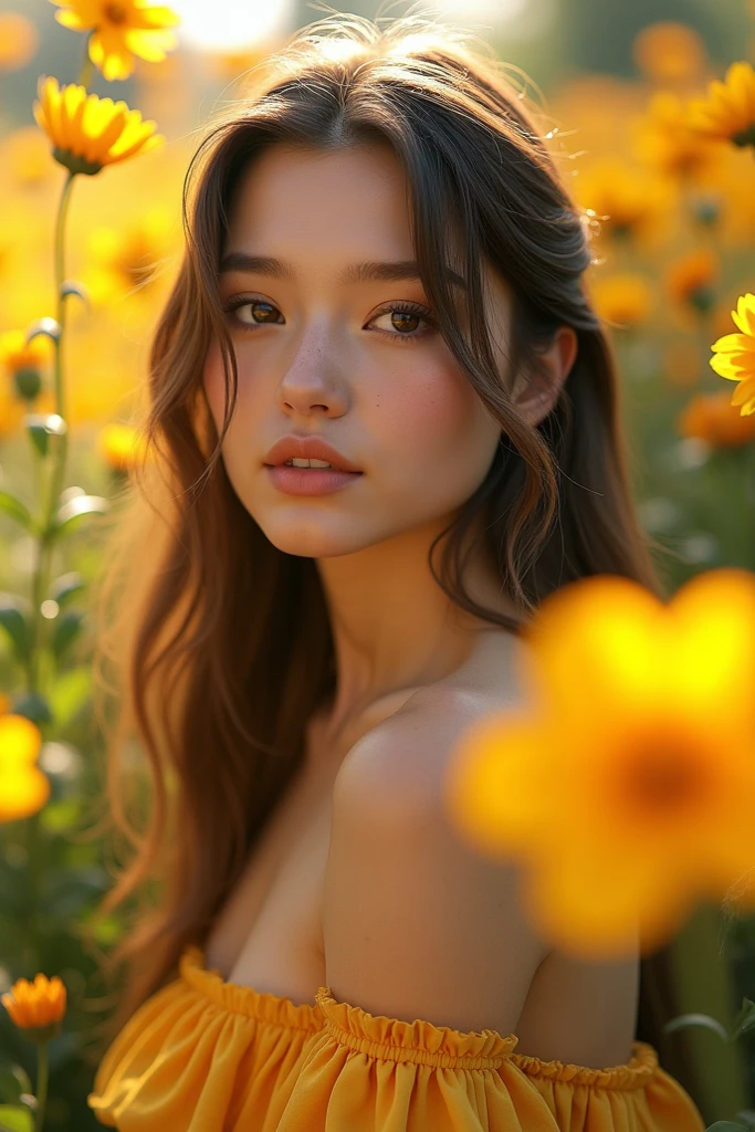 beautiful realistic girl with freckles and skindetails in flower field during golden hour, skin with beautiful nostalgic mood and freckles with emotive face with wet skin and petals falling