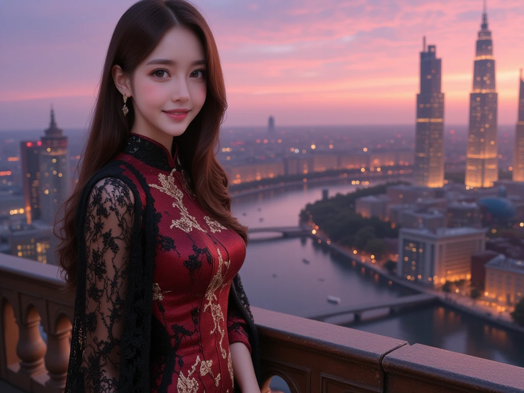 A close-up view of an East Asian woman standing on a high terrace during sunset, smiling warmly with a satisfied expression. She is wearing an elegant wine-red and black cheongsam (Chinese dress) with intricate gold embroidery, and a hyper-elegant black lace cape draped over her shoulders, flowing gracefully behind her. The design exudes sophistication and regal charm. Behind her, a futuristic cityscape is vividly visible, with tall, illuminated skyscrapers and glowing city lights reflecting on a winding river. The skyline is detailed, with clearly defined buildings and dynamic lighting, creating a lively urban atmosphere. The warm pink and purple hues of the sunset sky blend harmoniously with the city's vibrant energy