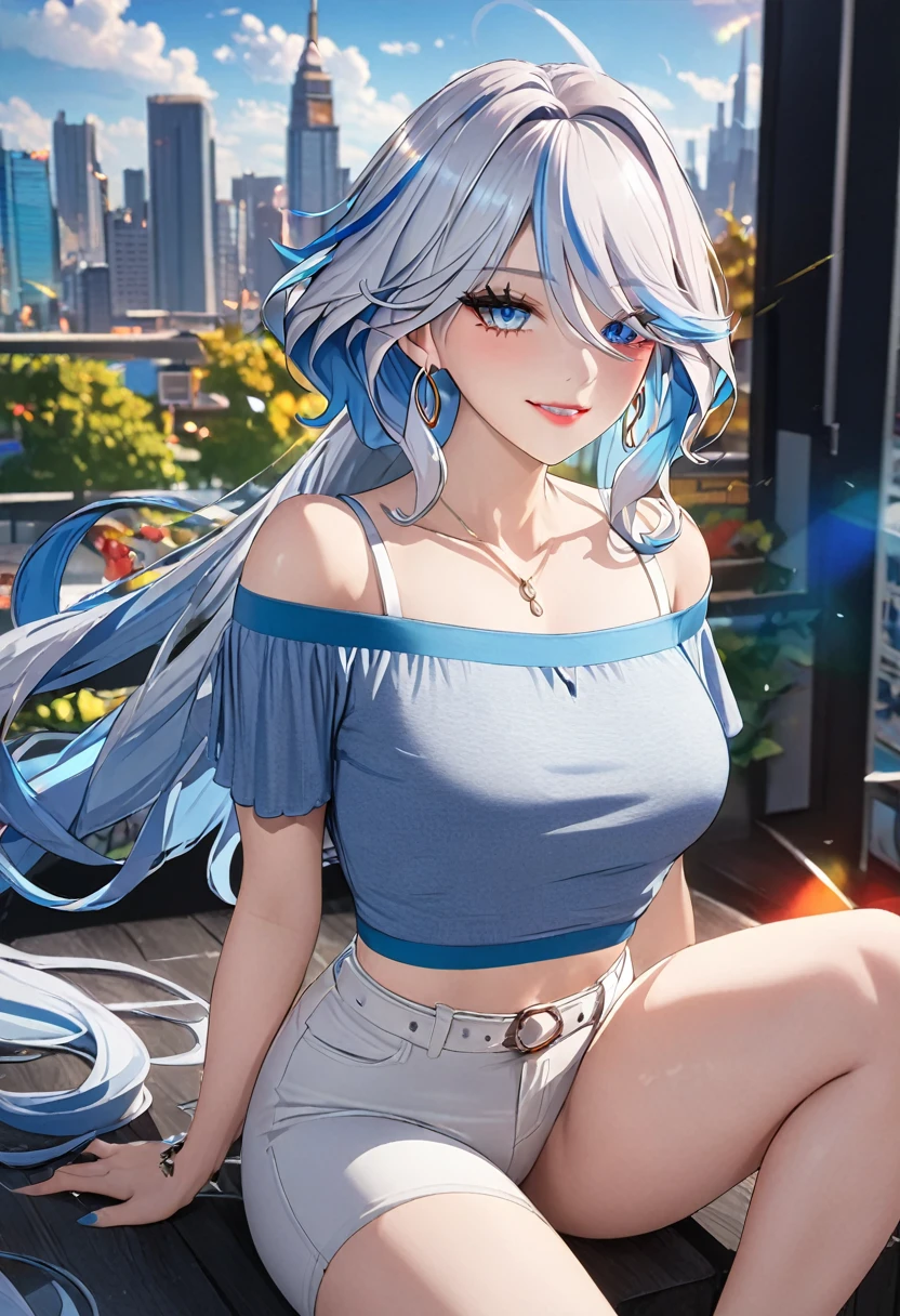 A beautiful young woman with long brown hair, wearing a crop top, off-the-shoulder top, and white pants, smiling and posing in a cityscape with a blue sky in the background, hoop earrings, (best quality,4k,8k,highres,masterpiece:1.2),ultra-detailed, HDR,UHD,studio lighting,ultra-fine painting,sharp focus,physically-based rendering,extreme detail description,professional,vivid colors,bokeh, furina \(genshin impact\), heterochromia, best quality, masterpiece), mature female, unaestheticXL_bp5, (negative_v2 Color_Balance_Calibration:0.8), SimplePositiveXLv2 Street, street, best quality, masterpiece), 1women ,4k, 8k, uhd, hdr, detailed background,mature female, makeup, lipstick, red lipstick
