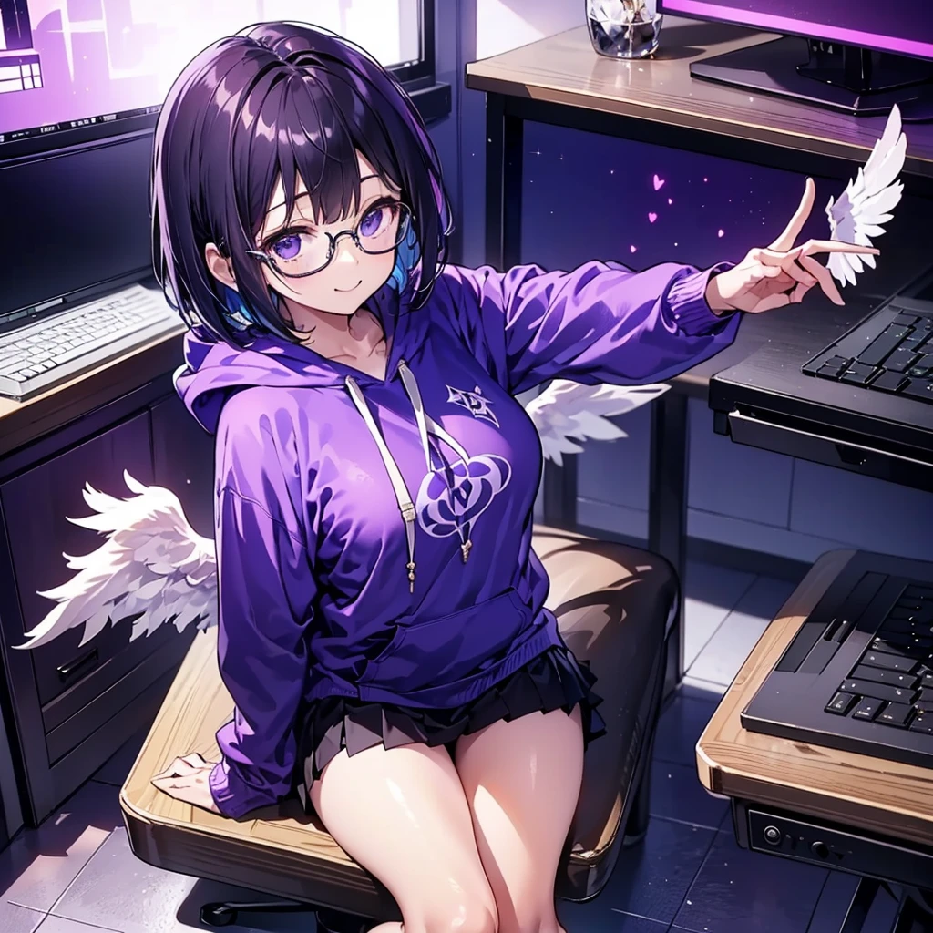 solo1.3、Palms facing up 1.7、 Max Image、Bird's-eye view from above composition 1 .3、Seiko no Hand 1 .3、 black bob cut 、 sitting on the purple cube in front of the monitor 、black simple hoodie and purple mini skirt 1.6、 Fleshy Thighs 1 .3、Angel Girl Sandalphone 1 .4、Confident smile without opening 1 .1、black rimmed glasses 1.4、dark room 1 .6