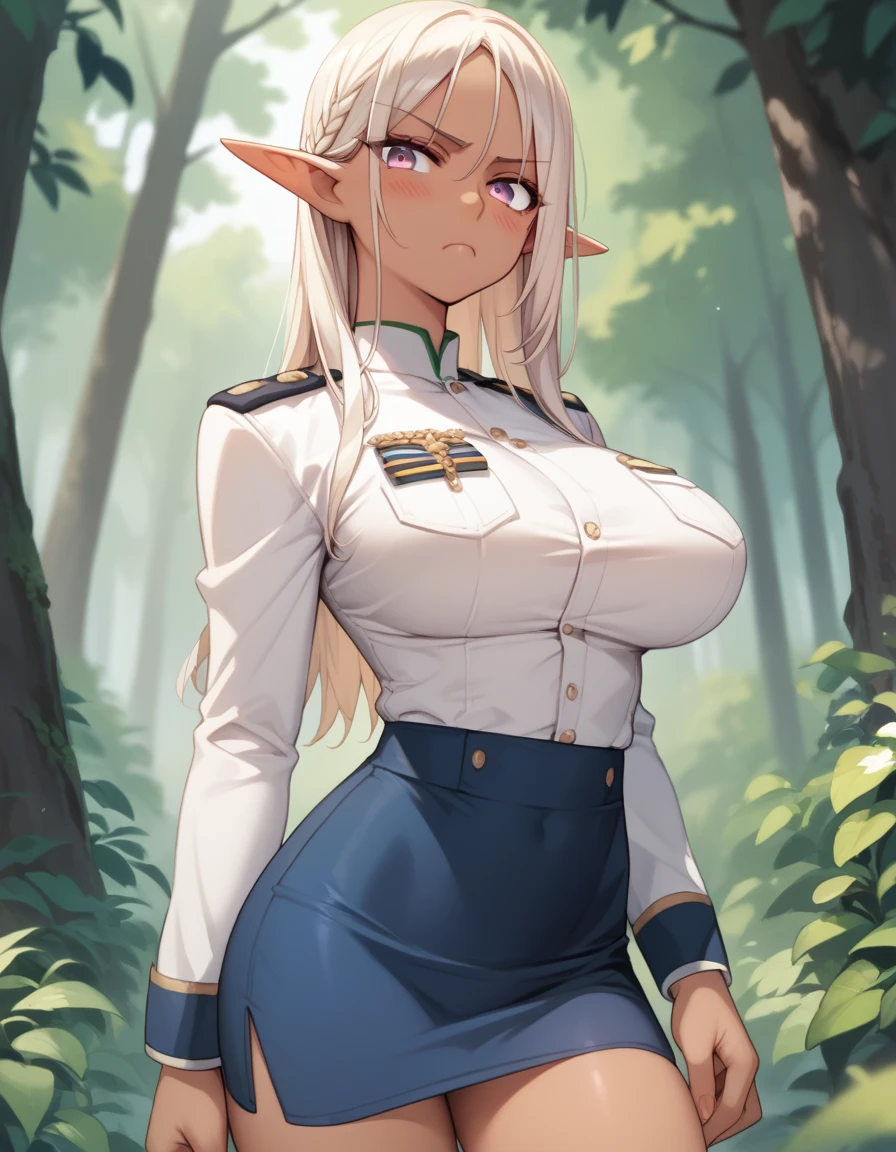 ,elf,blush,frown,dark skin,nature,uniform,pencil skirt,big breasts,looking viewer