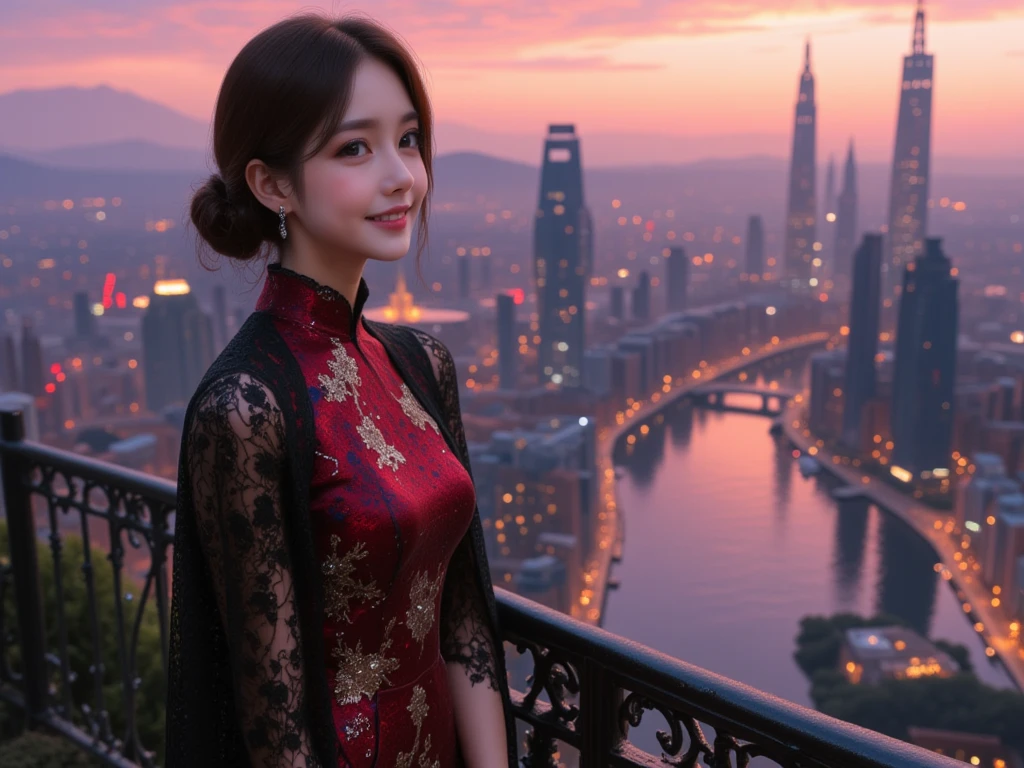 A close-up view of an East Asian woman standing on a high terrace during sunset, smiling warmly with a satisfied expression. She is wearing an elegant wine-red and black cheongsam (Chinese dress) with intricate gold embroidery, and a hyper-elegant black lace cape draped over her shoulders, flowing gracefully behind her. The design exudes sophistication and regal charm. Behind her, a futuristic cityscape is vividly visible, with tall, illuminated skyscrapers and glowing city lights reflecting on a winding river. The skyline is detailed, with clearly defined buildings and dynamic lighting, creating a lively urban atmosphere. The warm pink and purple hues of the sunset sky blend harmoniously with the city's vibrant energy