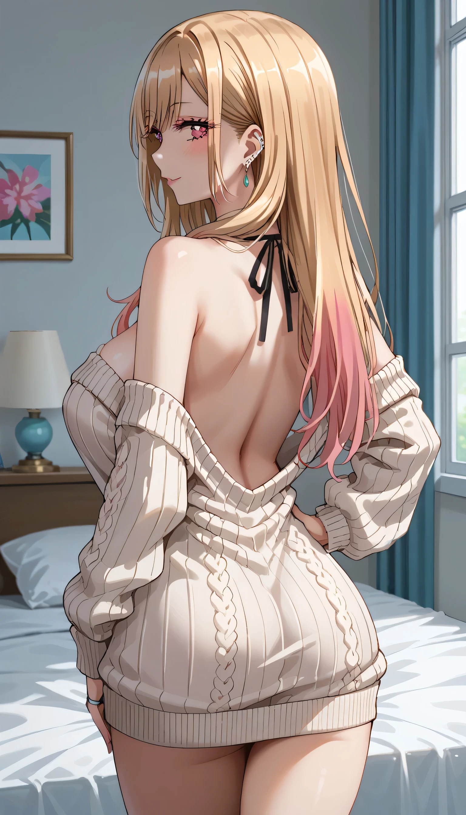 KJOmarin, blonde hair, long hair, pink eyes, earrings, ear piercing, multicolored hair, score_9, score_8_up, score_7_up, source_anime, masterpiece,best quality, huge breasts, flash gyaru, 1girl, solo, red_eyes, jewelry, earrings, sweater, from_behind, dress, looking_at_viewer, sidelocks, looking_back, bare_shoulders, back_cutout, back, red_sweater, sweater_dress, off_shoulder, clothing_cutout, long_sleeves, off-shoulder_sweater, back_focus, bed room, hand on hip