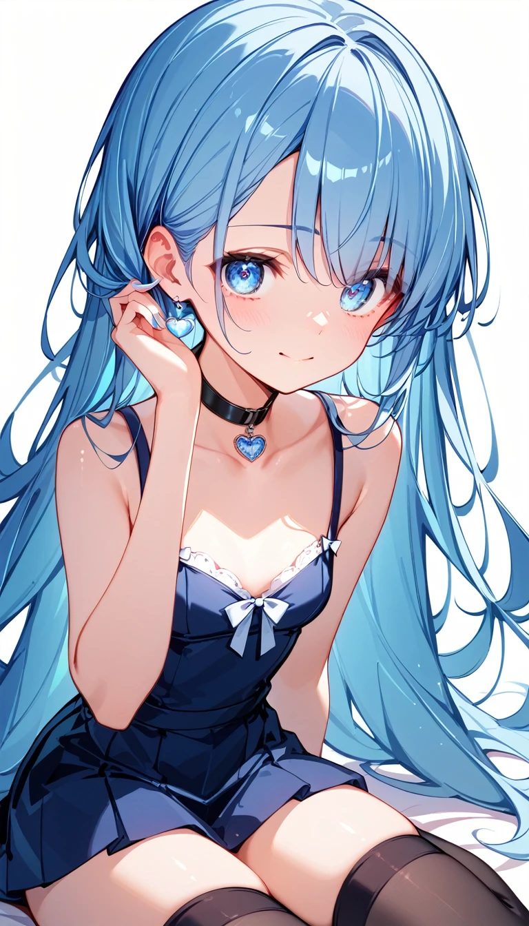  High image quality 、  High Quality 、   one girl who is at ease 、Lori、 elementary school students、Chibi、Droopy eyes、 light blue hair 、  straight hair、 long hair 、Light blue eyes、  short、Small breasts、 cleavage、 face close-up、 shy expression 、Light blue clothes、 stockings、Thighs、 choker、 simple background