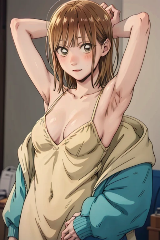 (masterpiece,  best quality,  ***1 person, Alone,   intricate details,  Color Difference), Armpit close-up ,brown hair bob hair , Blushing ,Take off, Made me blush  , nudes, perfect style that Made me blush  ,Big Breasts, beautiful boobs that Made me blush   ,  naked woman,3Dの綺麗な女性   anime girl,  Chinatsu Shikano,   anime girl  ,    realistic anime style  , beautiful   Anime Women's , beautiful    anime girl  ,   Anime Women's , (   anime girl  ),    anime girl  ,  beautifully detailed anime art that Made me blush  , attractive    anime girl  , Female anime characters , Facial beauty, Long Hair,  perfect body for a lawn