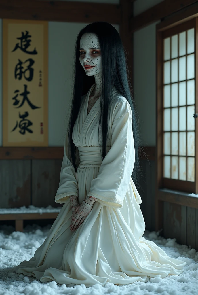 A female yokai with long, flowing hair that extends to the floor, its tips jagged and sharp. Its large eyes are bloodshot and its claws are extended. It lurks in the darkness, staring intently with an eerie smile.