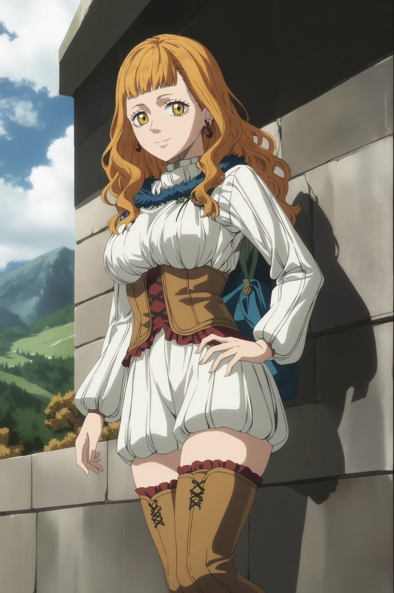 score_9, score_8_up, score_7_up, (black clover style, mimosa_vermillion), (1girl, solo), (orange hair, wave long hair), earrings, smile, looking at viewer, turtleneck sweater, corset, thigh boots, (outdoors, forest, scenery)