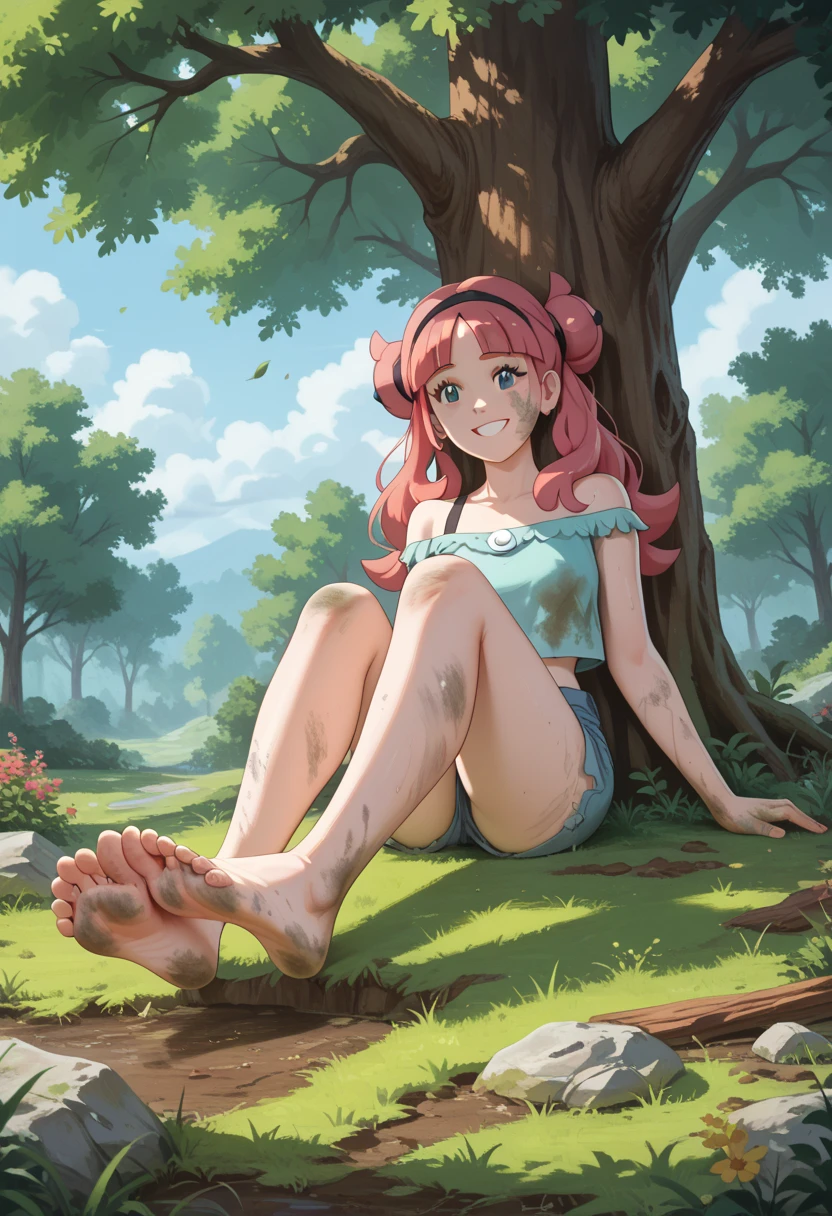 Masterpiece, Best Quality, high resolution, vegetation and trees in the background, A girl, alone, long hair, exhausted look, sitting on a fallen tree , smiling, chloe cerise (pokemon), bare shoulders, bare legs stretched and apart, foot focus, foot fethish, barefoot, soles of the feet in the air, dirty, stinky, chesse, dusty, smelly, head on, 