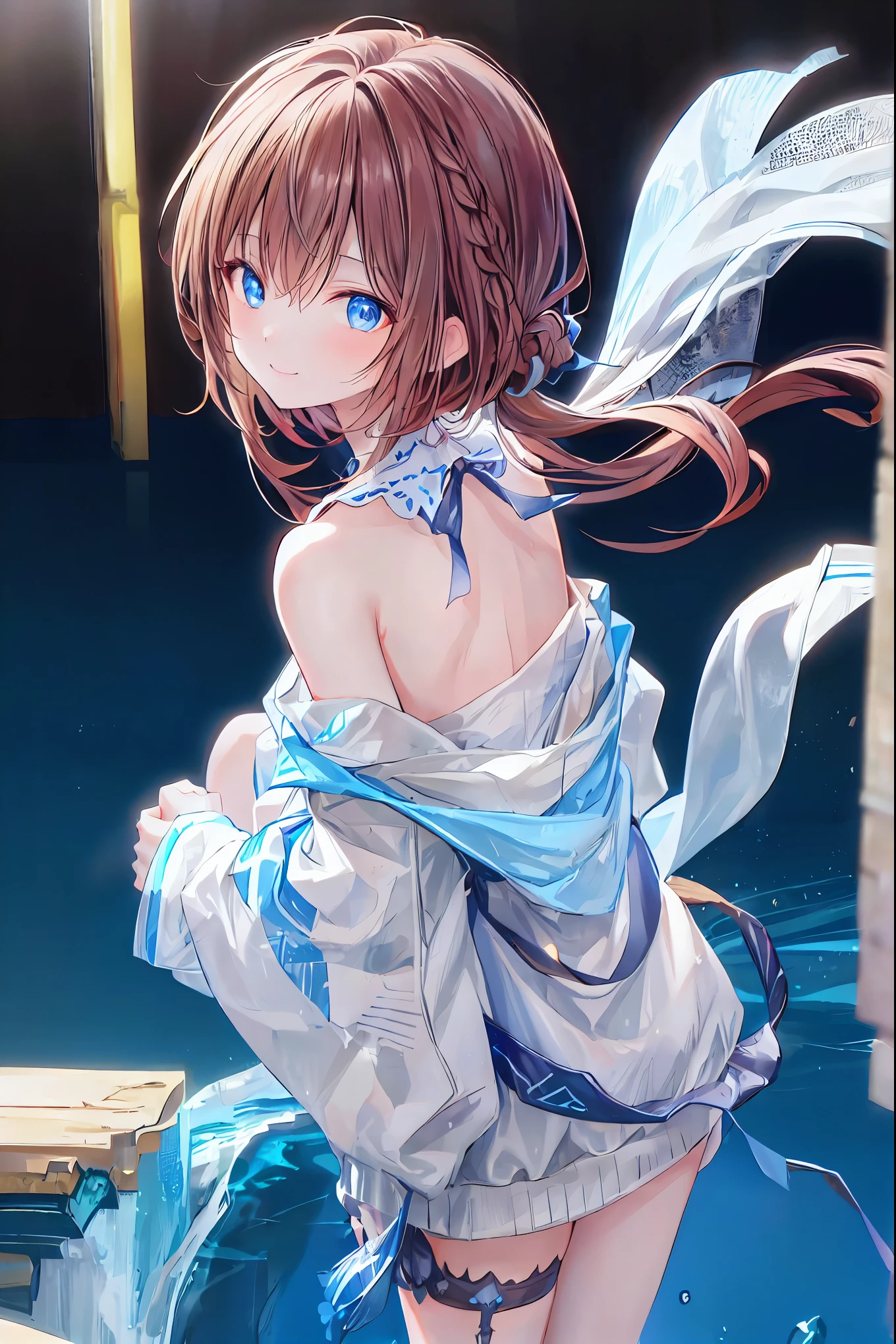 How a girl sits,bright spring sunshine , enchanting smile with your back against the wall,(( best quality )), ( very detailed), (High-definition CG synthesis 8k wallpaper), 高いly detailed, high resolution raw color photos, Professional Photography , (((Bokeh))), written boundary depth ,Brown Hair, shortcuts, unkempt hair,Short braided hair,Neat, slender beautiful,Correct posture,Small chest, beautiful legs, their enchanting gray-blue eyes are shining like stars,Droopy eyes, bright color, beautiful eyes,A delicate smile,Textured Skin, best quality best , gentle and beautiful woman , anime style、