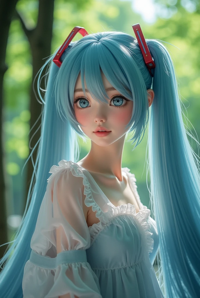 (masterpiece、 best quality、 best quality、 Official Art、 beautiful and beautiful :1.2)、( one girl who is at ease:1.3) Hatsune Miku、 twin tails, Beautiful breasts,Katy Perry in a sweater,  Portrait,  beautiful face, Beautiful eyes, outside,  Portrait, Park, tree々, teeth,  open your eyes,  Award-winning photo ,  best quality,  upper body,  Jennifer Connelly,  Nikon D850 Film Stock Photo 4 Kodak 400 Camera F1.6 lenses, rich colors, ultra-realistic texture, natural lighting, trending on ArtStation cinestill 800, (100mm lens)