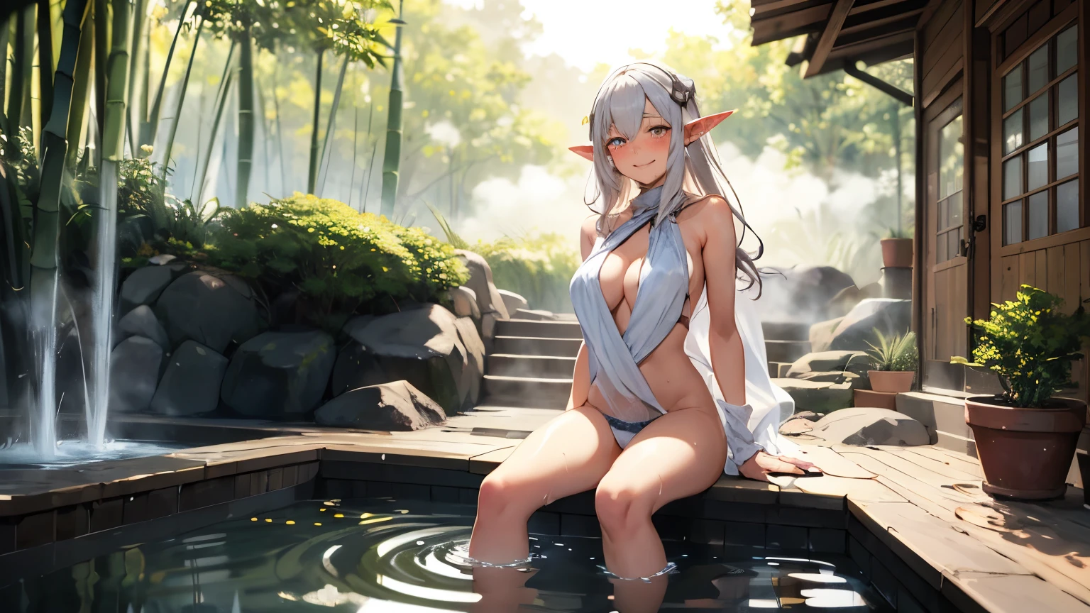 BREAK looking at viewer, BREAK (masterpiece:1.2), best quality, high resolution, unity 8k wallpaper, (illustration:0.8), (beautiful detailed eyes:1.6), extremely detailed face, perfect lighting, extremely detailed CG, (perfect hands, perfect anatomy),onsen,hot springs,night,outdoor,night,grey hair, side ponytail, (purple eyes:1.1),frieren, long hair, twintails, (green eyes:1.5), grey hair, pointy ears, elf, jewelry,small breast,smile,yukata,kimano,cleavege,neckline,naked shoulders,lace bra,see through nipples,sitting,spread legs,from above.