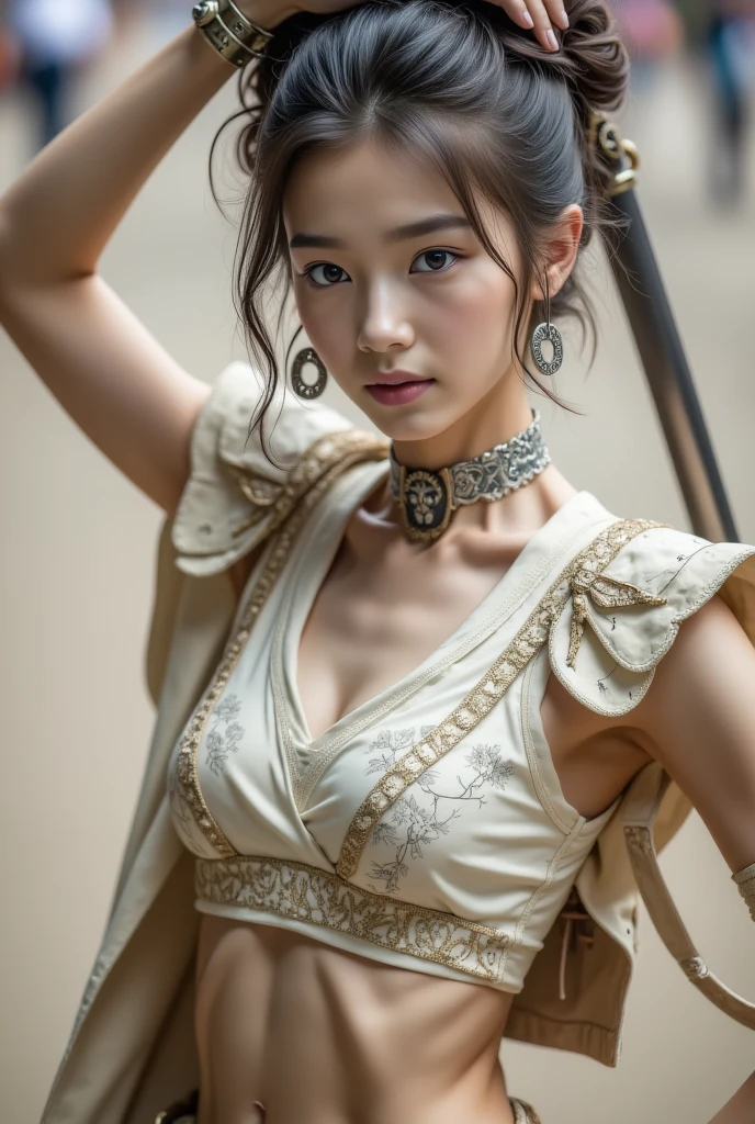 ((1girl)), woman, masterpiece, best quality, highest quality, cinematic lighting, (volumetric lighting), extremely detailed CG unity 8k wallpaper, focused, 8k wallpaper, extremely detailed, ultra realistic, photorealistic, sharp focus, absurdres, (HDR:1.2), (high contrast), photograph, detailed and intricate, instagram, portrait, highly detailed, digital painting, artstation, concept art, smooth, sharp focus, illustration, cinematic lighting, (big breast:1.3), (((skinny, (japanese idol posture), (knit strap tanktop, short pants, cleavage), looking at the viewer, (arm up), (Standing), ((Medium body shot, hip level shot)), long hair