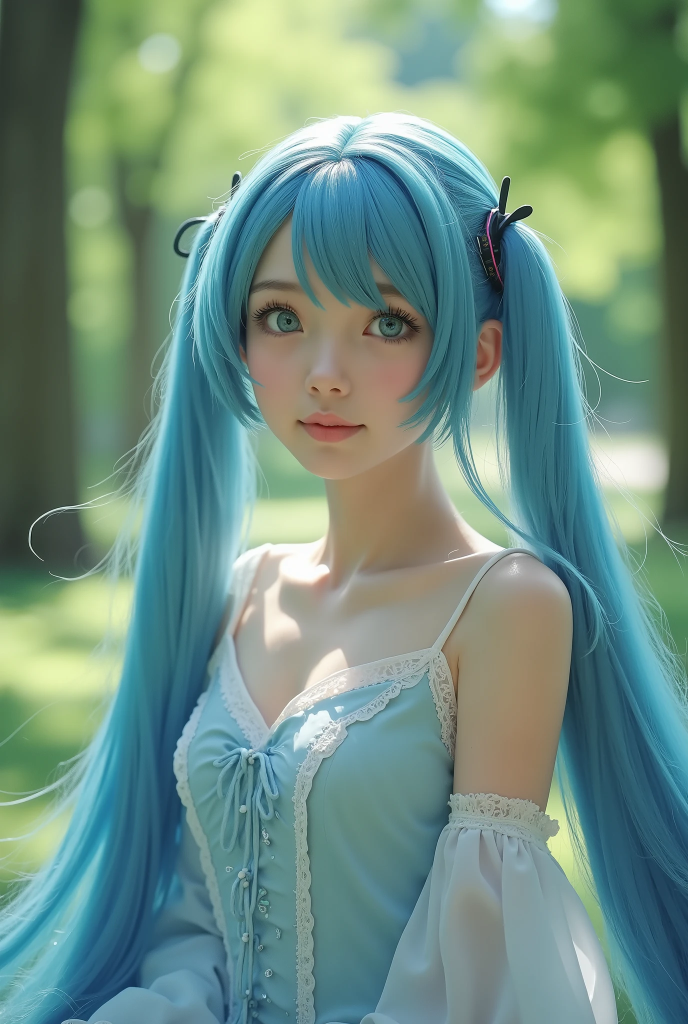 (masterpiece、 best quality、 best quality、 Official Art、 beautiful and beautiful :1.2)、( one girl who is at ease:1.3) Hatsune Miku、 twin tails, Beautiful breasts,Katy Perry in a sweater,  Portrait,  beautiful face, Beautiful eyes, outside,  Portrait, Park, tree々, teeth,  open your eyes,  Award-winning photo ,  best quality,  upper body,  Jennifer Connelly,  Nikon D850 Film Stock Photo 4 Kodak 400 Camera F1.6 lenses, rich colors, ultra-realistic texture, natural lighting, trending on ArtStation cinestill 800, (100mm lens)