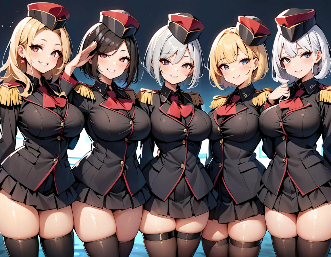 multiple girls, group picture, 5girls, standing, (salute), gold earrings, large breasts, jewelry, military cap, (military uniform), (epaulette), jacket, harness, thigh strap, black thigh boots, (layered skirt), miniskirt, corruption, empty eyes, half-closed eyes, evil smile, no pupils, smirk, 1girl, ((milf)), mature female, married woman, dark theme, dark persona, skindentation, wide hips, sfw