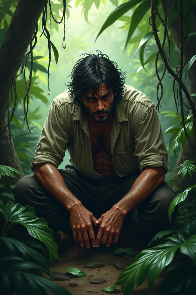 a cowboy riding a horse in a lush jungle, detailed facial features, portrait, masterpiece, 8k, hyperrealistic, cinematic lighting, vibrant colors, dramatic composition, intricate vegetation, dramatic lighting, dramatic shadows, moody atmosphere