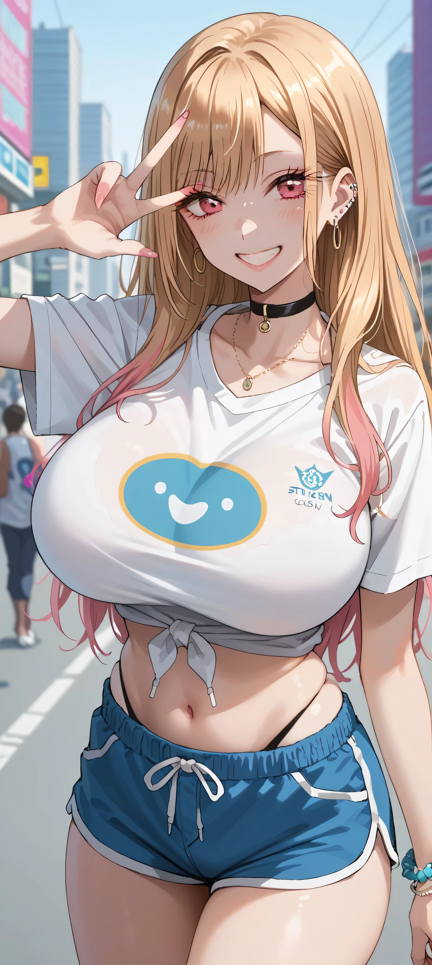 KJOmarin, blonde hair, long hair, pink eyes, earrings, ear piercing, multicolored hair, score_9, score_8_up, score_7_up, source_anime, masterpiece,best quality, huge breasts, flash gyaru, shirt, T-shirt, T-shirt tied, navel, dolphin shorts, smile, double peace pose, city, evening, blurry backgrounds, simple backgrounds 