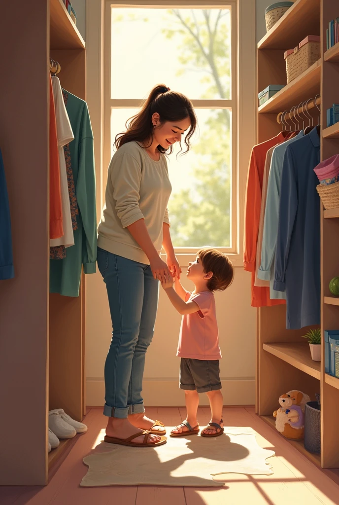 Realistic image of a mother fighting with her young son and a clean house with windows and candy jars